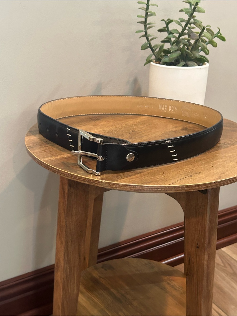 Max Boy Italy Genuine Leather Black Belt 110cm Silver Buckle